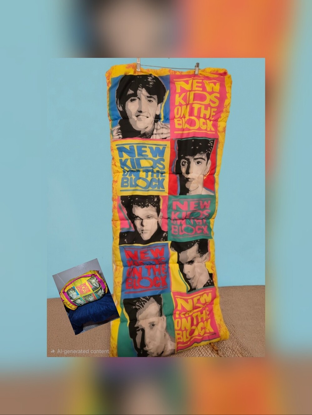 New Kids On The Block NKOTB yellow Sleeping Bag & Duffle Bag Vintage 1990